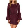 imageANRABESS Womens 2025 Fall Dress Long Lantern Sleeve Ribbed Knit Casual Tie Waist Lightweight Mini Sweater DressDark Burgundy