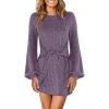 imageANRABESS Womens 2025 Fall Dress Long Lantern Sleeve Ribbed Knit Casual Tie Waist Lightweight Mini Sweater DressPurple