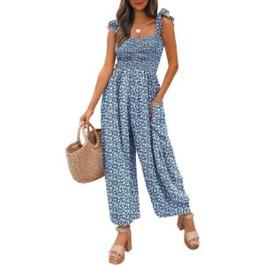 imageANRABESS Jumpsuits for Women Dressy One Piece Summer Outfits Wide Leg Sleeveless Smocked Romper Jumpers Casual Beach OverallsBlue White Floral