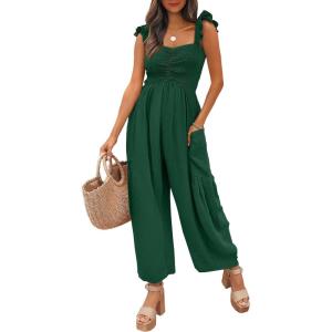 imageANRABESS Jumpsuits for Women Dressy One Piece Summer Outfits Wide Leg Sleeveless Smocked Romper Jumpers Casual Beach OverallsForest Green