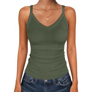 imageANRABESS V Neck Tank Tops for Women Ribbed Knit Camisole 2026 Summer Casual Sleeveless Slim Fitted Basic Cami Shirts ClothesArmy Green