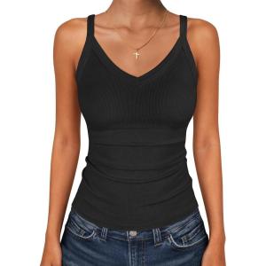 imageANRABESS V Neck Tank Tops for Women Ribbed Knit Camisole 2026 Summer Casual Sleeveless Slim Fitted Basic Cami Shirts ClothesBlack