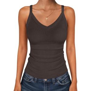 imageANRABESS V Neck Tank Tops for Women Ribbed Knit Camisole 2026 Summer Casual Sleeveless Slim Fitted Basic Cami Shirts ClothesCoffee