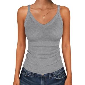 imageANRABESS V Neck Tank Tops for Women Ribbed Knit Camisole 2026 Summer Casual Sleeveless Slim Fitted Basic Cami Shirts ClothesGrey
