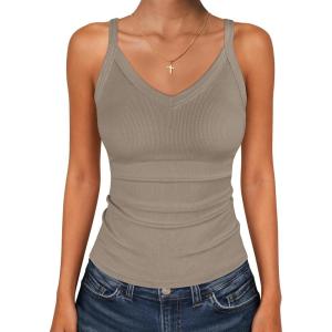 imageANRABESS V Neck Tank Tops for Women Ribbed Knit Camisole 2026 Summer Casual Sleeveless Slim Fitted Basic Cami Shirts ClothesLight Khaki