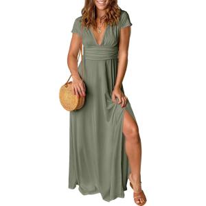 imageANRABESS Women Summer Deep V Neck Short Sleeve Dresses Slit Elegant Wedding Guest Formal Cocktail Evening Maxi Long DressShort Sleeve Army Green