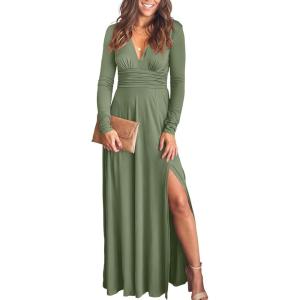 imageANRABESS Women Summer Deep V Neck Short Sleeve Dresses Slit Elegant Wedding Guest Formal Cocktail Evening Maxi Long DressZlong Sleeve Army Green