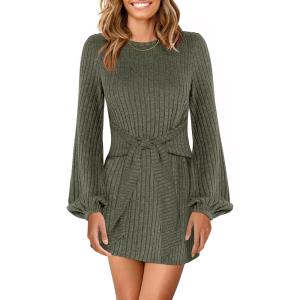 imageANRABESS Womens 2025 Fall Dress Long Lantern Sleeve Ribbed Knit Casual Tie Waist Lightweight Mini Sweater DressDeep Green