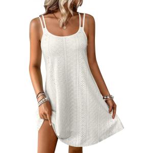 imageANRABESS Womens Cover Up 2026 Beach Vacation Tank Dress Eyelet Spaghetti Strap Bathing Suit Summer Swimsuits Mini SundressBeige