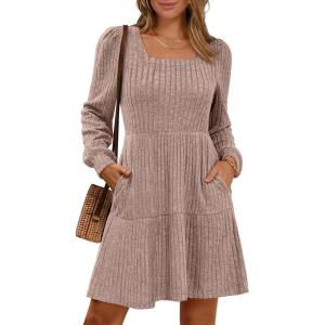imageANRABESS Womens Long Sleeve Fall Dress 2025 Square Neck Casual Ribbed Knit Comfy Soft Short Sweater Dresses with PocketsTan