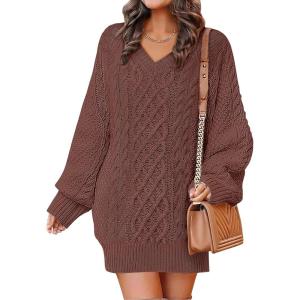 imageANRABESS Womens Long Sleeve V Neck Oversized Cable Knit Mini Sweater Dresses 2025 Winter Fall Trendy Pullover Tunic OutfitsBrown