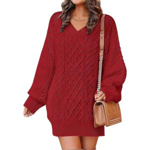 imageANRABESS Womens Long Sleeve V Neck Oversized Cable Knit Mini Sweater Dresses 2025 Winter Fall Trendy Pullover Tunic OutfitsRed
