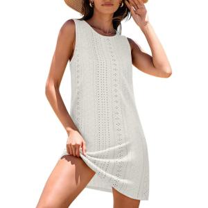 imageANRABESS Womens Swimsuit Cover Up 2026 Summer Eyelet Sleeveless Beach Dresses Swimwear Bathing Suit Coverup Vacation ClothesWhite