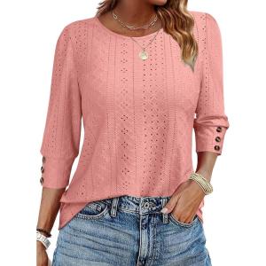 imageANRABESS Womens Tops 34 Sleeve Dressy Casual Blouses with Buttons Summer Eyelet Business Shirts Tunics 2026 Spring ClothesCoral