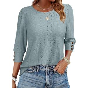 imageANRABESS Womens Tops 34 Sleeve Dressy Casual Blouses with Buttons Summer Eyelet Business Shirts Tunics 2026 Spring ClothesGreen