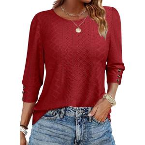imageANRABESS Womens Tops 34 Sleeve Dressy Casual Blouses with Buttons Summer Eyelet Business Shirts Tunics 2026 Spring ClothesRed