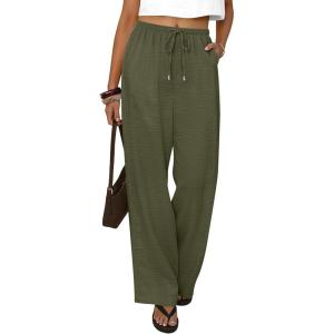imageABRABESS Womens Palazzo Pants Wide Leg Flowy Drawstring High Waisted Casual Trousers 2026 Summer Beach Vacation OutfitsArmy Green