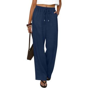 imageABRABESS Womens Palazzo Pants Wide Leg Flowy Drawstring High Waisted Casual Trousers 2026 Summer Beach Vacation OutfitsNavy Blue