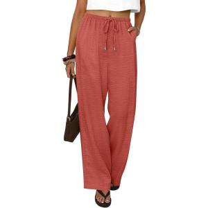 imageABRABESS Womens Palazzo Pants Wide Leg Flowy Drawstring High Waisted Casual Trousers 2026 Summer Beach Vacation OutfitsOrange Red