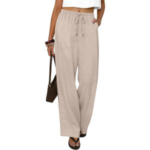 imageABRABESS Womens Palazzo Pants Wide Leg Flowy Drawstring High Waisted Casual Trousers 2026 Summer Beach Vacation OutfitsParchment