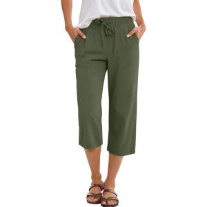 imageANRABESS Capris Pants for Women Summer Casual Loose Drawstring Elastic High Waist Straight 2026 Lounge Beach Cropped TrousersGreen
