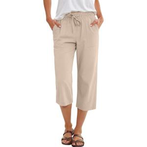 imageANRABESS Capris Pants for Women Summer Casual Loose Drawstring Elastic High Waist Straight 2026 Lounge Beach Cropped TrousersLight Beige