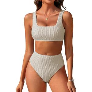 imageANRABESS Women Swimsuits Two Piece Bikini Set High Waisted Ribbed Tummy Control Modest Bathing Suits 2025 Beach Swim WearBeige