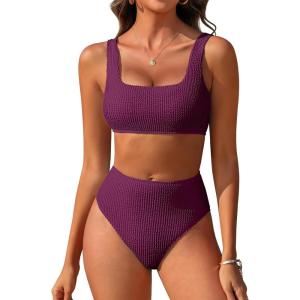 imageANRABESS Women Swimsuits Two Piece Bikini Set High Waisted Ribbed Tummy Control Modest Bathing Suits 2025 Beach Swim WearFuchsia