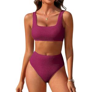 imageANRABESS Women Swimsuits Two Piece Bikini Set High Waisted Ribbed Tummy Control Modest Bathing Suits 2025 Beach Swim WearPurple Red