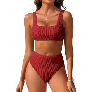 imageANRABESS Women Swimsuits Two Piece Bikini Set High Waisted Ribbed Tummy Control Modest Bathing Suits 2025 Beach Swim WearRed