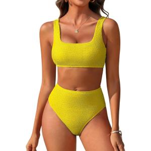imageANRABESS Women Swimsuits Two Piece Bikini Set High Waisted Ribbed Tummy Control Modest Bathing Suits 2025 Beach Swim WearYellow