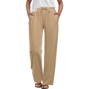 imageANRABESS Womens Casual Pants Summer High Waist Drawstring Loose Fit Straight Leg 2026 Comfy Lounge Trousers with PocketsBeige