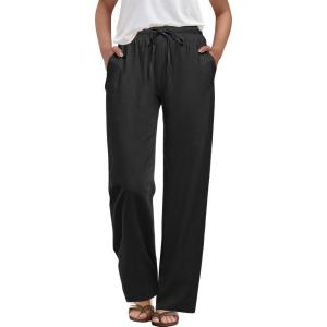 imageANRABESS Womens Casual Pants Summer High Waist Drawstring Loose Fit Straight Leg 2026 Comfy Lounge Trousers with PocketsBlack