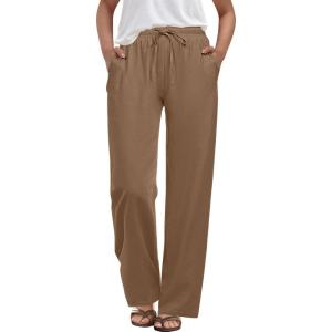 imageANRABESS Womens Casual Pants Summer High Waist Drawstring Loose Fit Straight Leg 2026 Comfy Lounge Trousers with PocketsKhaki