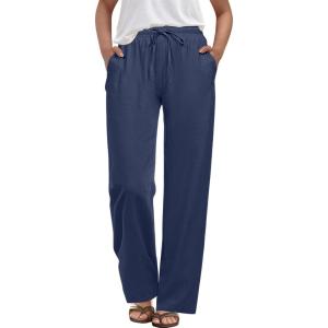 imageANRABESS Womens Casual Pants Summer High Waist Drawstring Loose Fit Straight Leg 2026 Comfy Lounge Trousers with PocketsNavy Blue