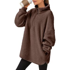 imageANRABESS Womens Sweatshirt Sherpa Fuzzy Fleece Zip Up Hoodies Cozy Pullover Soft Sweaters Tops 2025 Fall Trendy ClothesRed Brown