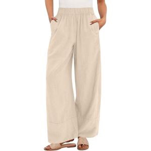 imageANRABESS Womens Wide Leg Linen Pants Summer Baggy Boho Casual Elastic Waist Long Lounge Travel Pants Trousers with PocketsApricot