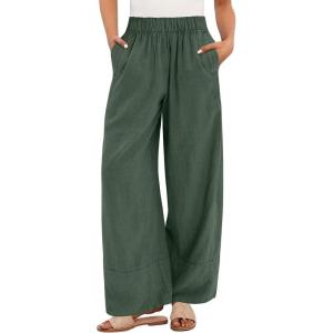 imageANRABESS Womens Wide Leg Linen Pants Summer Baggy Boho Casual Elastic Waist Long Lounge Travel Pants Trousers with PocketsArmy Green