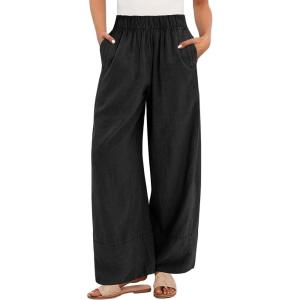 imageANRABESS Womens Wide Leg Linen Pants Summer Baggy Boho Casual Elastic Waist Long Lounge Travel Pants Trousers with PocketsBlack