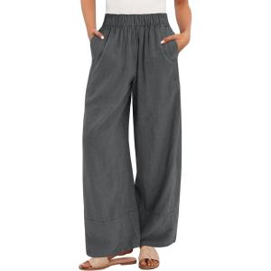 imageANRABESS Womens Wide Leg Linen Pants Summer Baggy Boho Casual Elastic Waist Long Lounge Travel Pants Trousers with PocketsDark Grey