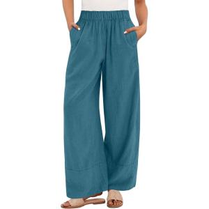 imageANRABESS Womens Wide Leg Linen Pants Summer Baggy Boho Casual Elastic Waist Long Lounge Travel Pants Trousers with PocketsLake Blue