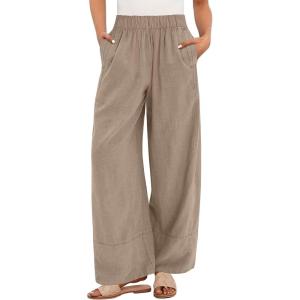 imageANRABESS Womens Wide Leg Linen Pants Summer Baggy Boho Casual Elastic Waist Long Lounge Travel Pants Trousers with PocketsLight Khaki