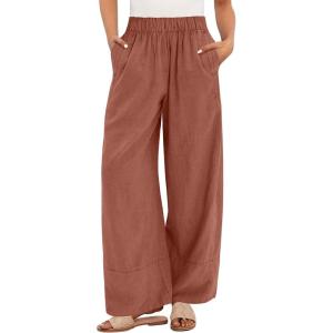 imageANRABESS Womens Wide Leg Linen Pants Summer Baggy Boho Casual Elastic Waist Long Lounge Travel Pants Trousers with PocketsRust Red