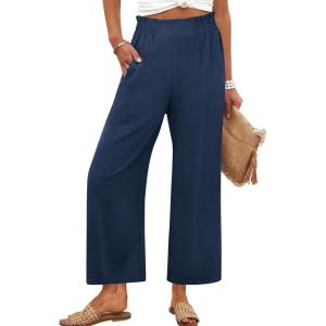 imageANRABESS Womens Wide Leg Palazzo Pants Summer Beach High Waisted Cropped Flowy Pants 2026 Dressy Casual Trousers with PocketsNavy Blue