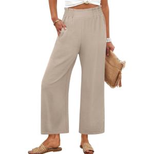 imageANRABESS Womens Wide Leg Palazzo Pants Summer Beach High Waisted Cropped Flowy Pants 2026 Dressy Casual Trousers with PocketsParchment