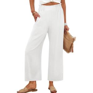 imageANRABESS Womens Wide Leg Palazzo Pants Summer Beach High Waisted Cropped Flowy Pants 2026 Dressy Casual Trousers with PocketsWhite