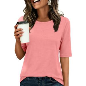 imageANRABESS Womens Half Sleeve Tops Crewneck Shirts Basic Fit Tee Trendy 2026 Spring Summer Business Casual TShirtsCoral