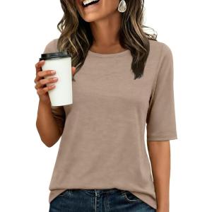 imageANRABESS Womens Half Sleeve Tops Crewneck Shirts Basic Fit Tee Trendy 2026 Spring Summer Business Casual TShirtsLight Khaki