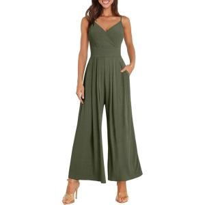 imageANRABESS Jumpsuits for Women 2026 Summer Dressy Spaghetti Strap Ribbed V Neck Wide Leg Overalls Flowy Romper Jumpers OutfitsArmy Green
