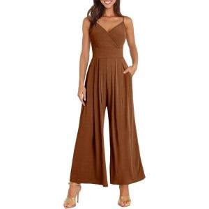 imageANRABESS Jumpsuits for Women 2026 Summer Dressy Spaghetti Strap Ribbed V Neck Wide Leg Overalls Flowy Romper Jumpers OutfitsCaramel